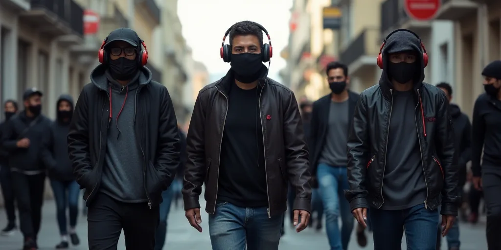 a group of people walking down a street wearing face masks on their faces and wearing headphones on