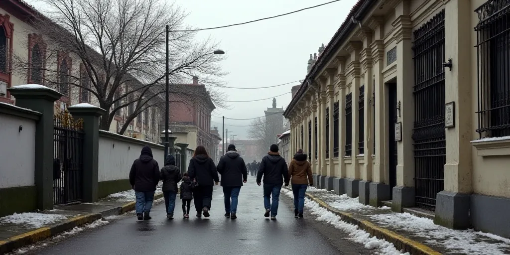 a group of people walking down a street next to a building with a gate and a gated entrance, Federic
