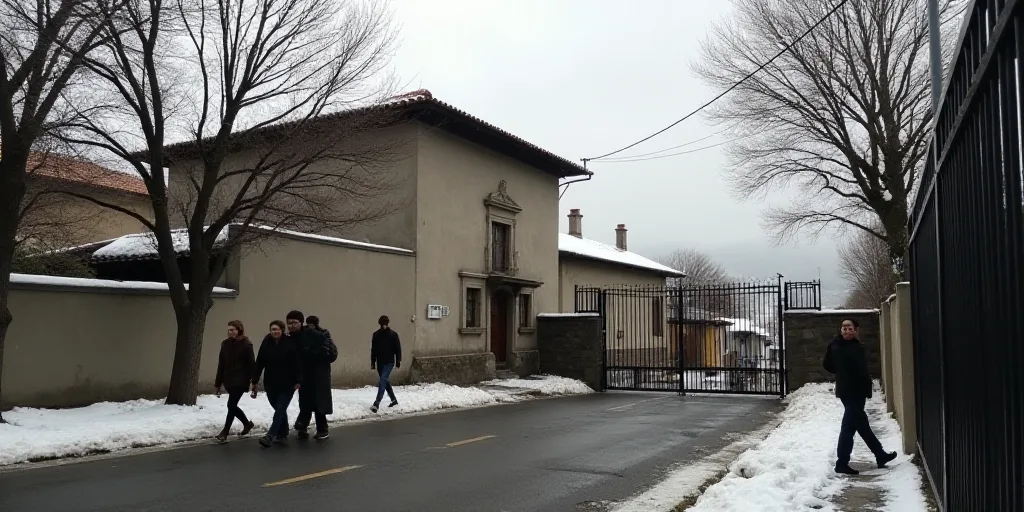a group of people walking down a street next to a building with a gate and a gated entrance, Federic