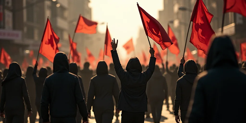 a group of people walking down a street holding flags and banners in the air and wearing hoods and s