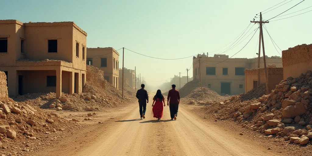 a group of people walking down a dirt road next to a building that has been destroyed and has been d