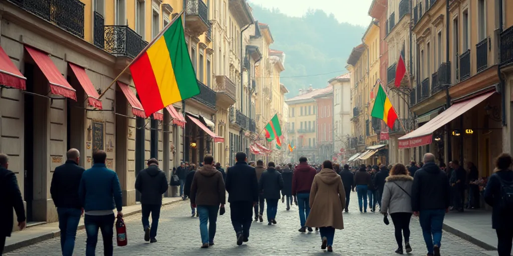a group of people walking down a street next to a building with a flag on it's side, Ceferí Olivé,