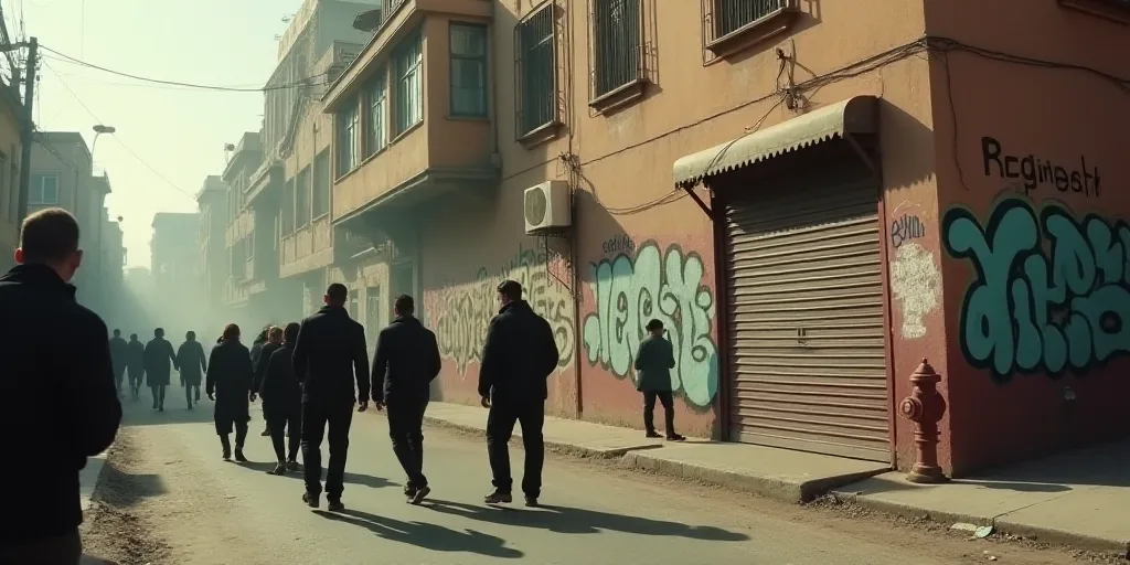 a group of people walking down a street next to a building with graffiti on it and a fire hydrant, B