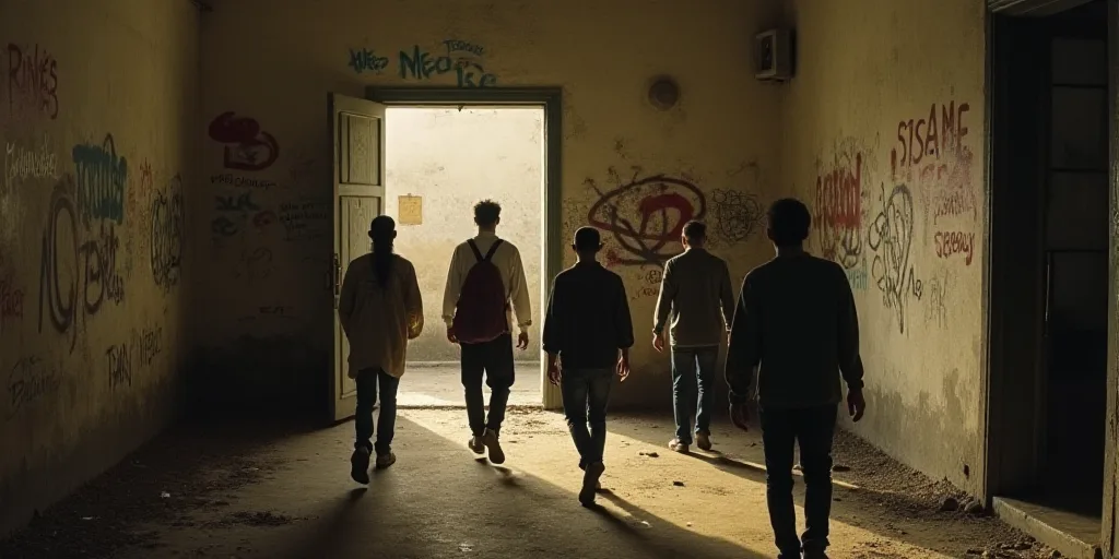 a group of people walking in a run down building with graffiti on the walls and a door open to the r