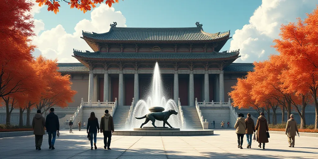 a group of people walking in front of a building with a fountain in front of it and a statue of a do