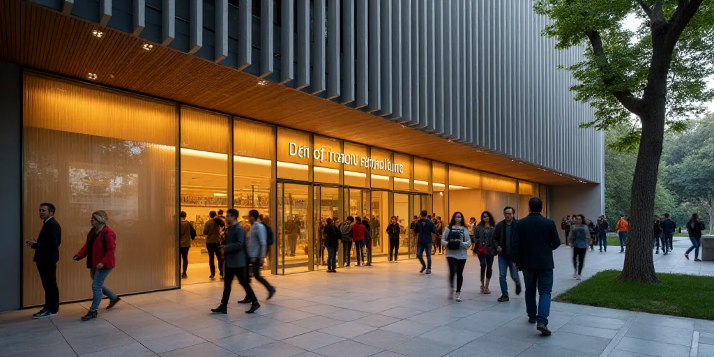 a group of people walking into a building with a sign on it that says conbuse, a national library of