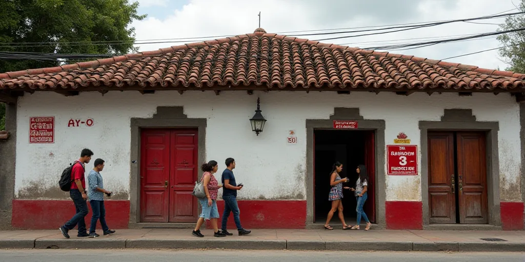 a group of people walking past a building with a red sign on it's side and a red and white sign on t