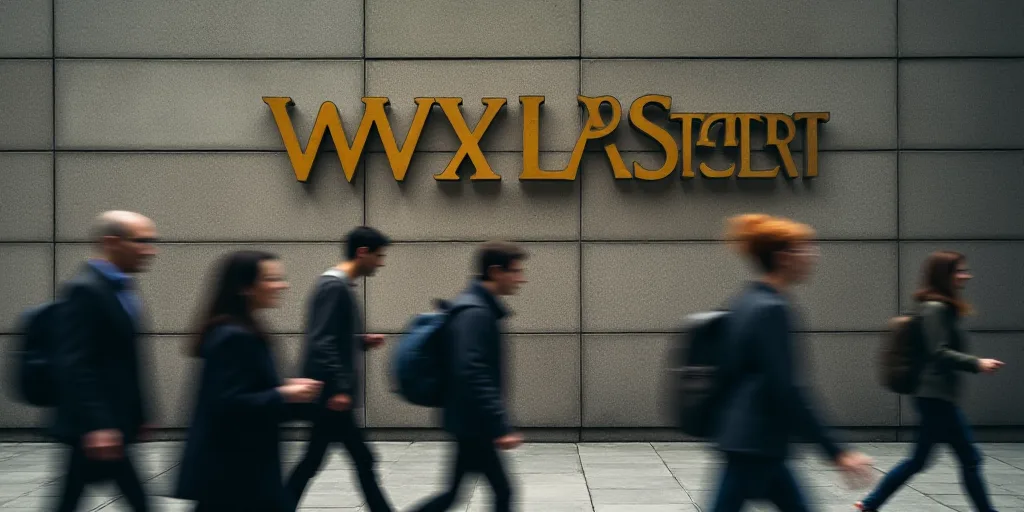 a group of people walking past a wall street sign on a building with a gold lettering on it's side,