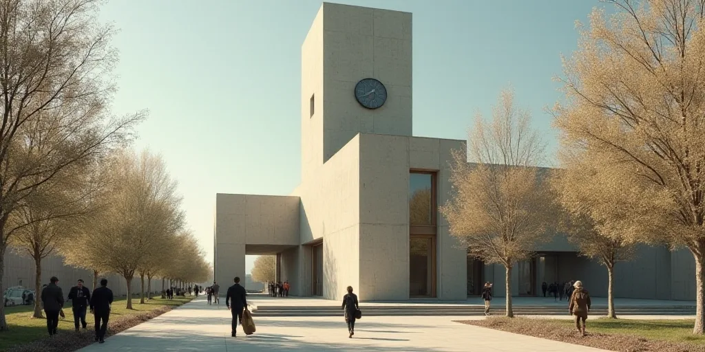 a group of people walking past a tall building with a clock on it's side and a man carrying a bag, D
