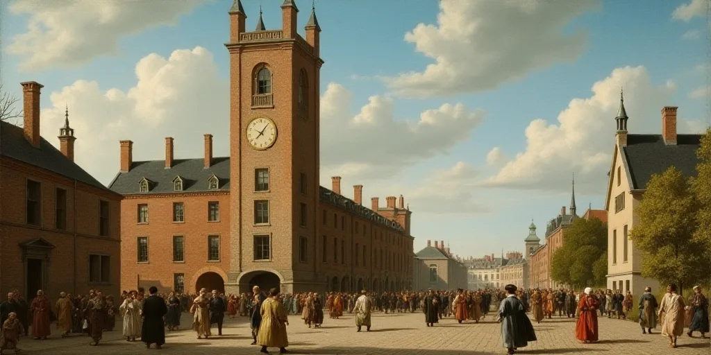 a group of people walking past a tall building with a clock on it's side and a man carrying a bag, B