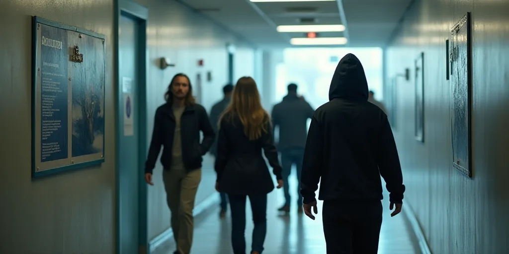 a group of people walking past a sign in a hallway of a building with information on it and a man in