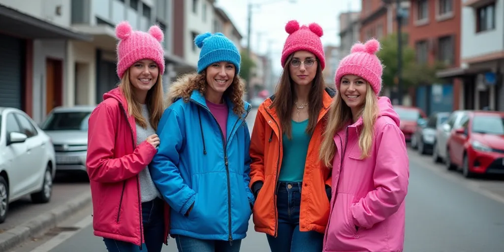 a group of people wearing ugly hats and jackets on a street corner with cars parked in the backgroun