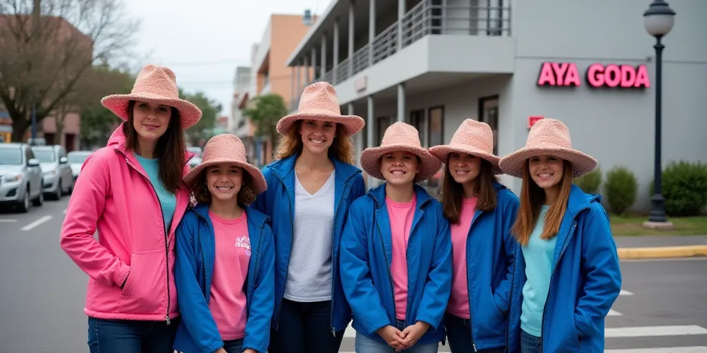a group of people wearing ugly hats and jackets on a street corner with cars parked in the backgroun