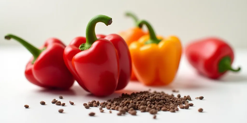 a group of peppers sitting on top of a white counter top next to pepper seeds and pepper seeds on th