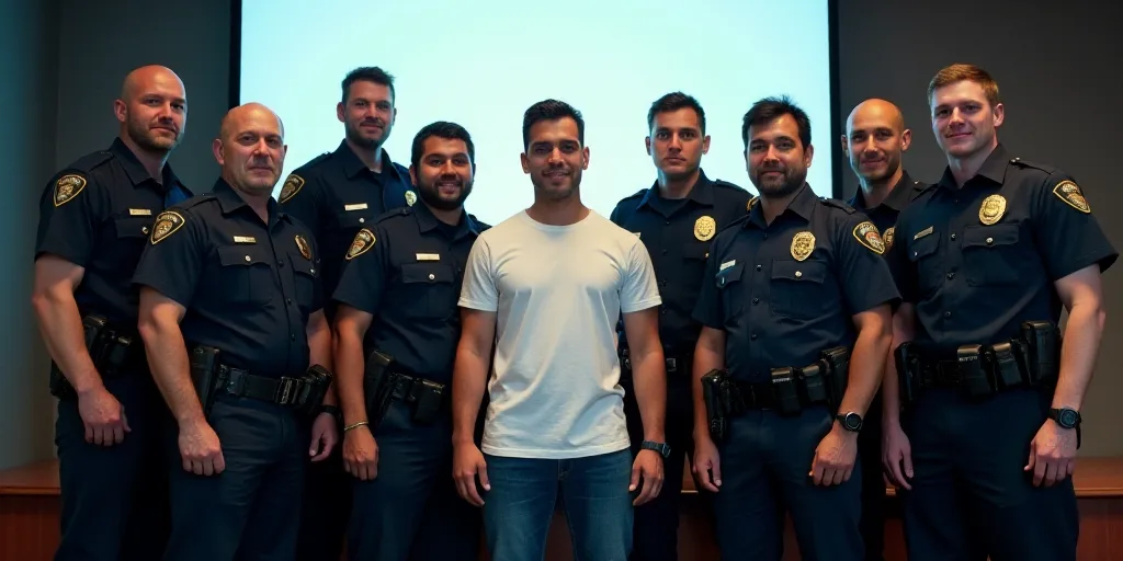 a group of police officers posing for a picture together in front of a screen with a man in a white