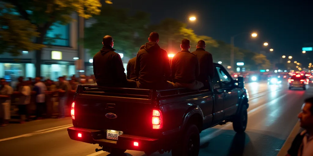 a group of police officers riding on the back of a truck down a street at night time with a crowd of