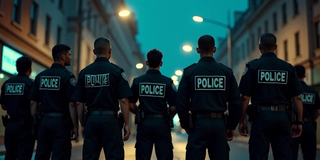 a group of police officers standing in a line on a street at night with police tape on their backs,