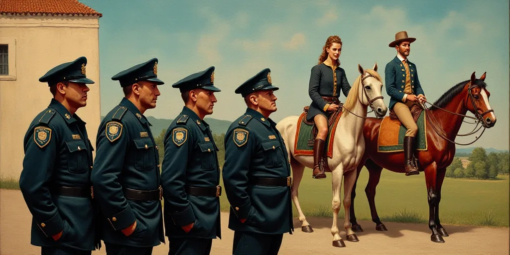 a group of police officers standing in front of a mural of a man on a horse and a woman on a horse,