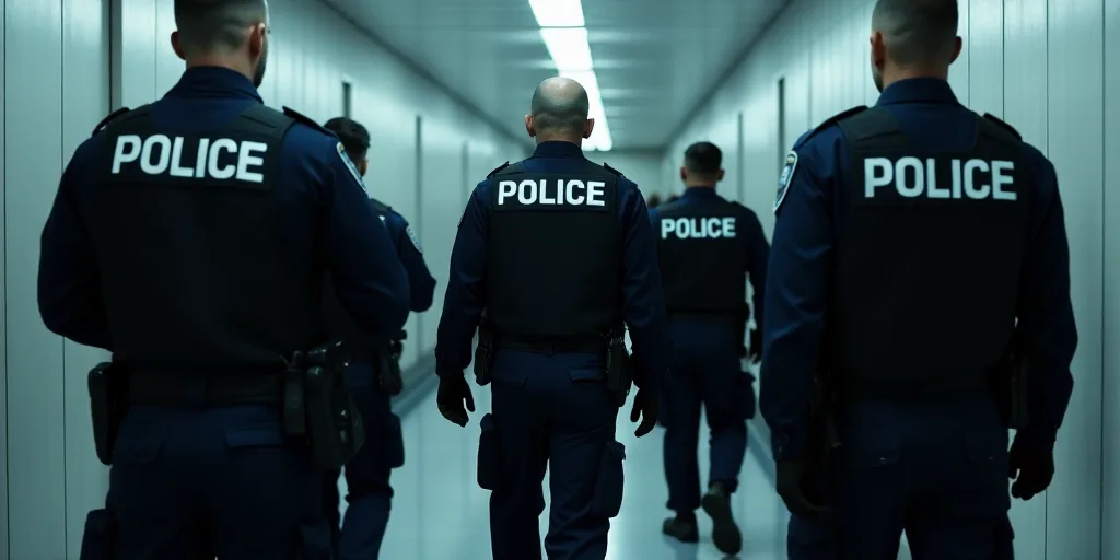 a group of police officers walking down a hallway together in uniform and vests on their backs, with