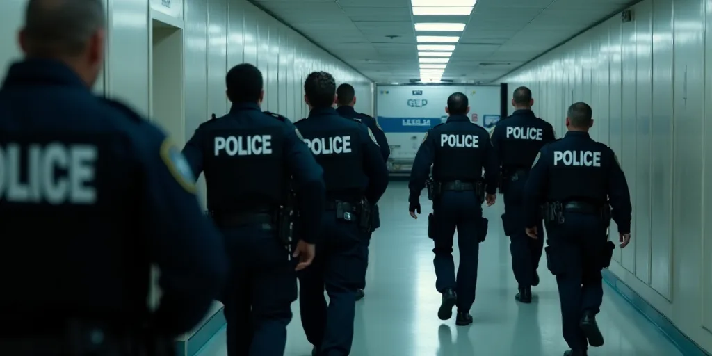 a group of police officers walking down a hallway together in uniform and vests on their backs, with
