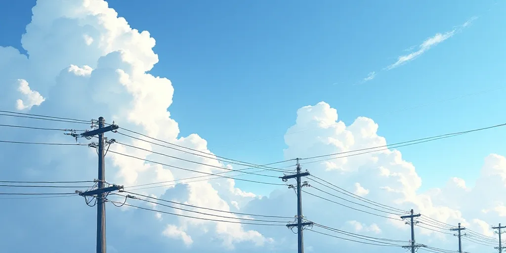 a group of power lines against a cloudy sky with clouds in the background and a blue sky with white