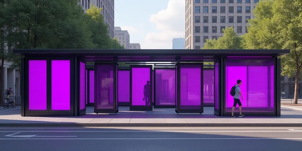 a group of purple and black bus stop displays on a city street with a building in the background and
