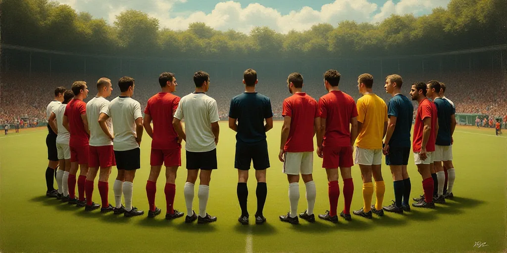 a group of soccer players standing on a field next to each other in a circle with a referee watching