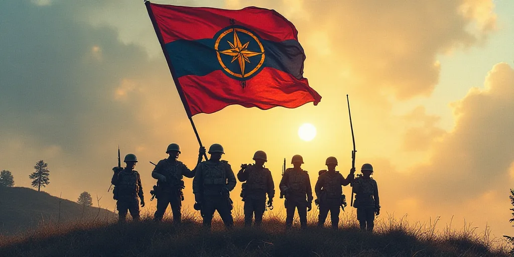 a group of soldiers holding a flag in the air with a star on it and a compass on it, Avgust Černigo