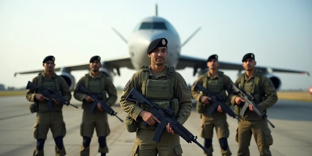 a group of soldiers standing in front of a plane on a runway with a group of men in uniform, Basuki