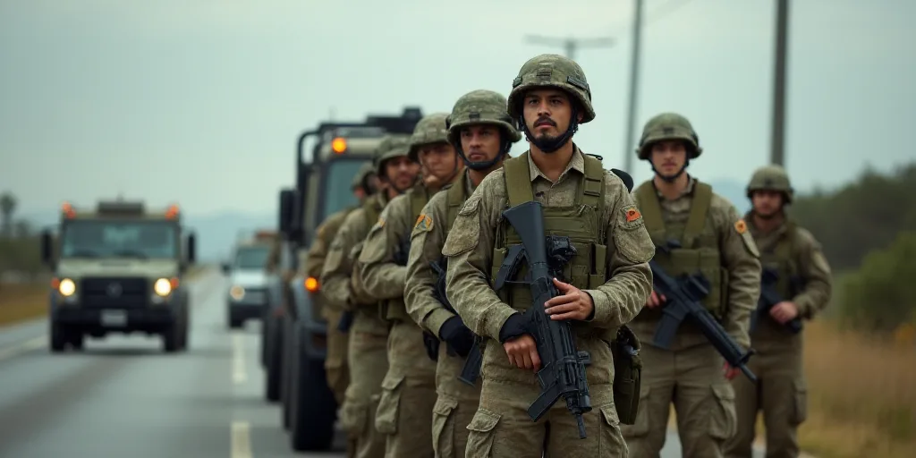 a group of soldiers standing in front of a vehicle on a road with other vehicles behind them and a c