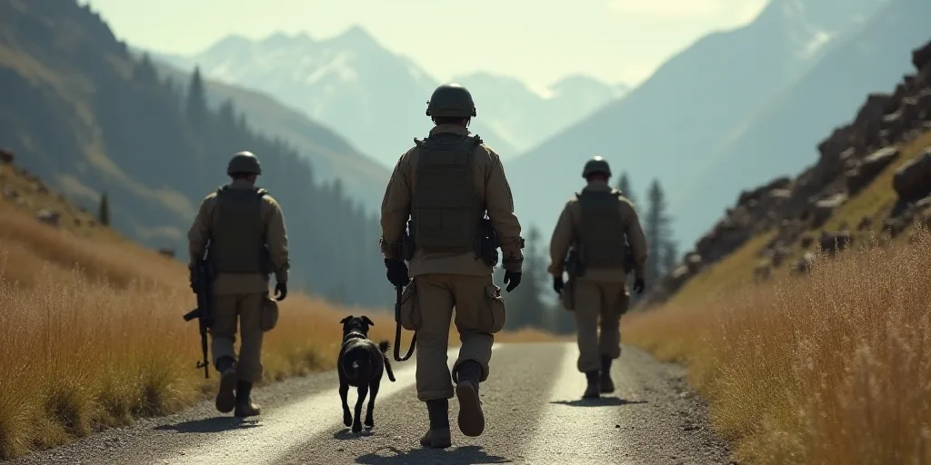 a group of soldiers walking down a dirt road in the mountains with guns in their hands and a dog in