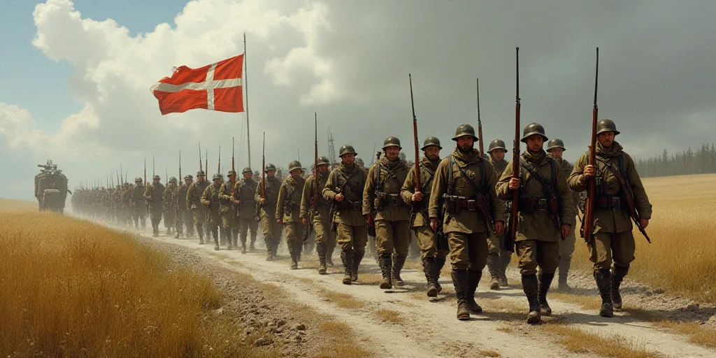 a group of soldiers walking down a dirt road with guns in their hands and a flag in the background,