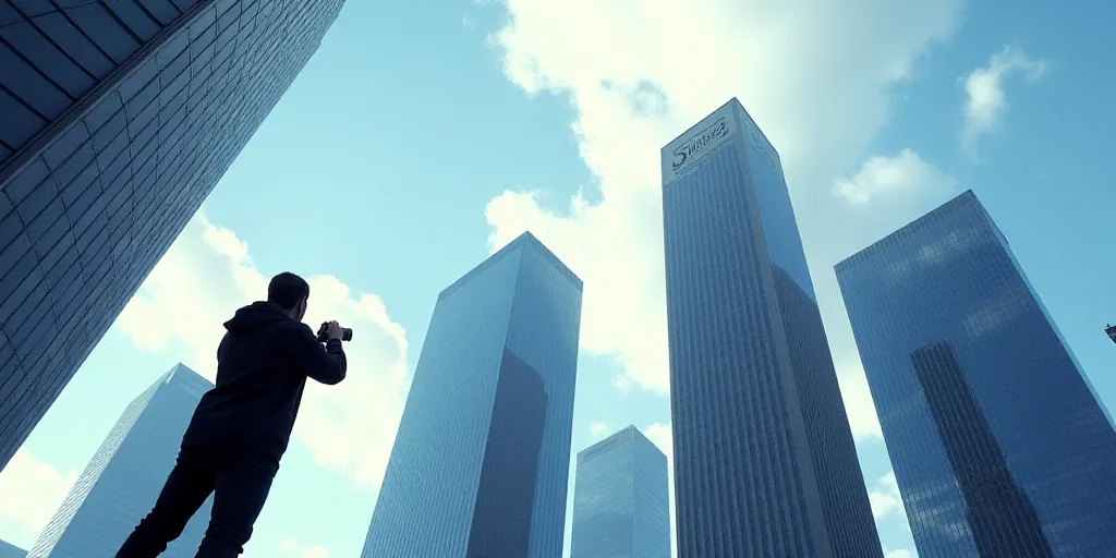 a group of tall buildings with a sky background and a person taking a picture of them from below wit
