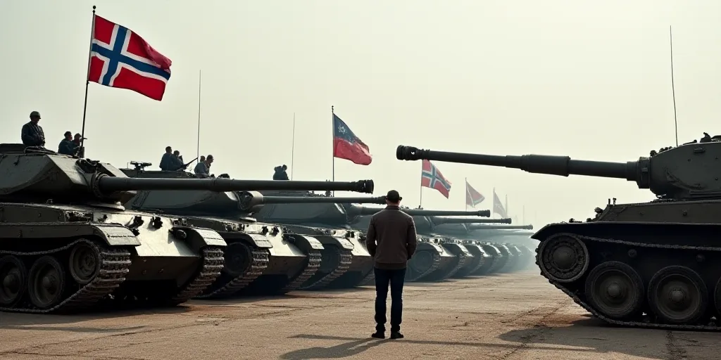 a group of tanks lined up in a row with flags on them and a man standing in front of them, Carl Gust