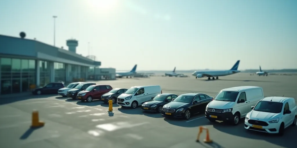 a group of vehicles parked at an airport terminal with planes parked in the background and on the ta