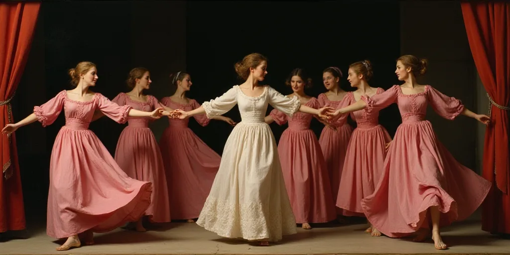 a group of women in pink dresses dancing on stage with one woman in the middle of the group and one