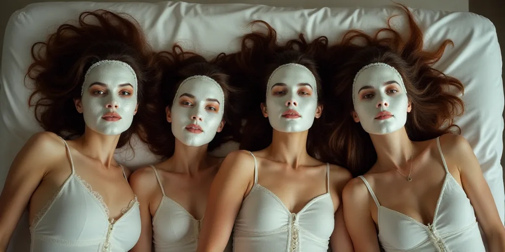 a group of women laying on top of a bed with their faces covered in masks and hair clips on their he