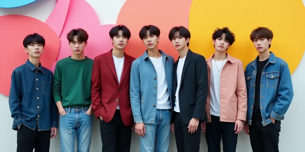 a group of young men standing next to each other in front of a colorful background with a white wall
