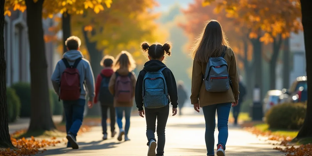 a group of young people walking down a sidewalk with backpacks on their backs and one girl with a ba