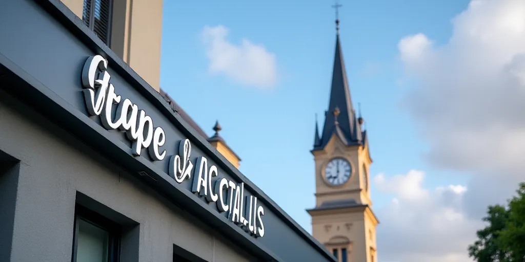 a groupe lacctallis sign on a building with a sky background and a building with a clock, Évariste