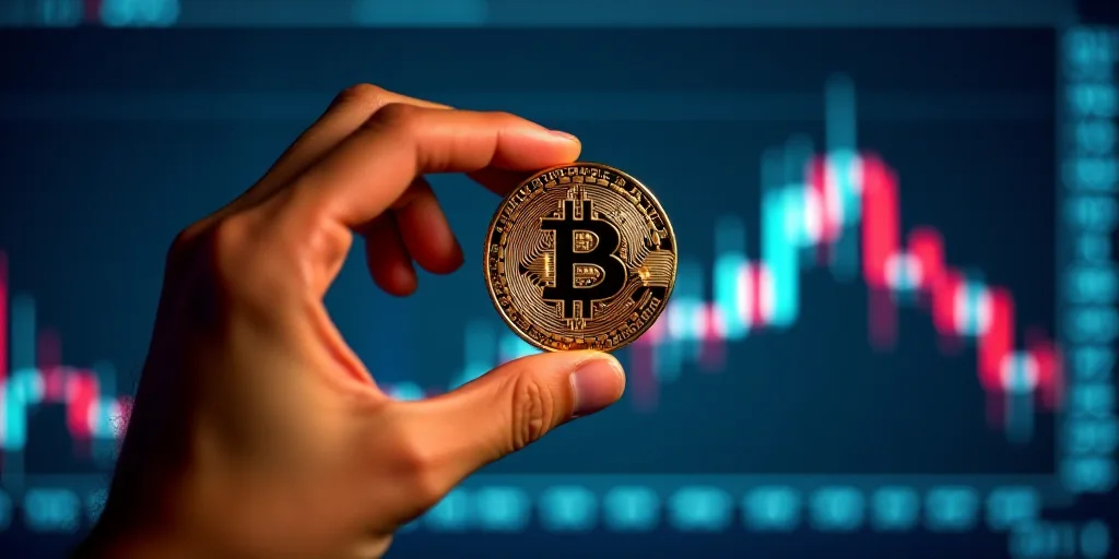 a hand holding a bitcoin and a stock chart in the background with a hand holding a bitcoin, Beeple,