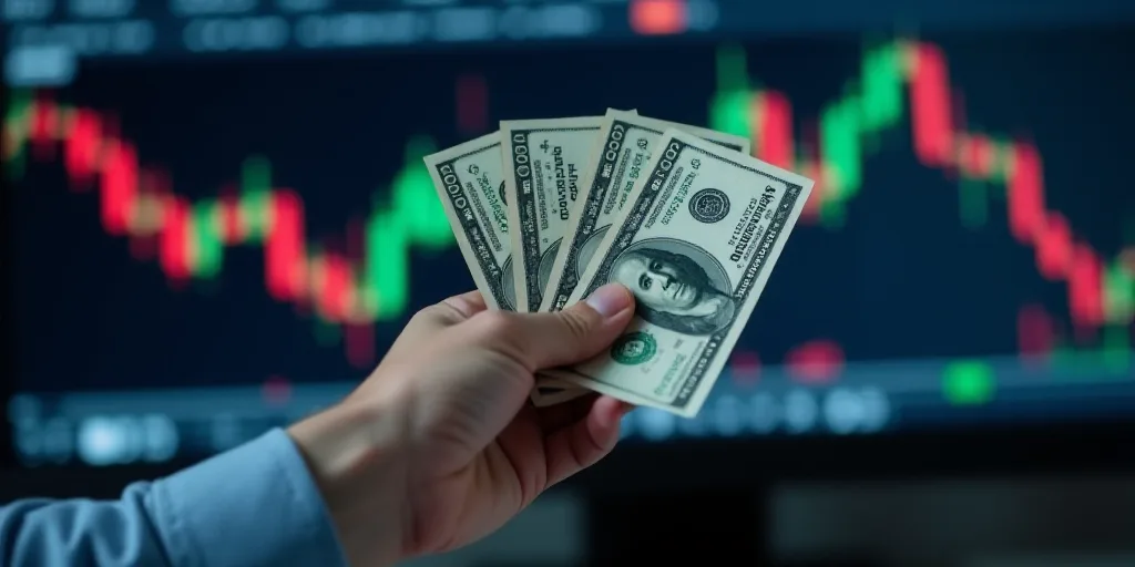 a hand holding a bunch of money in front of a monitor screen with a stock chart in the background, C