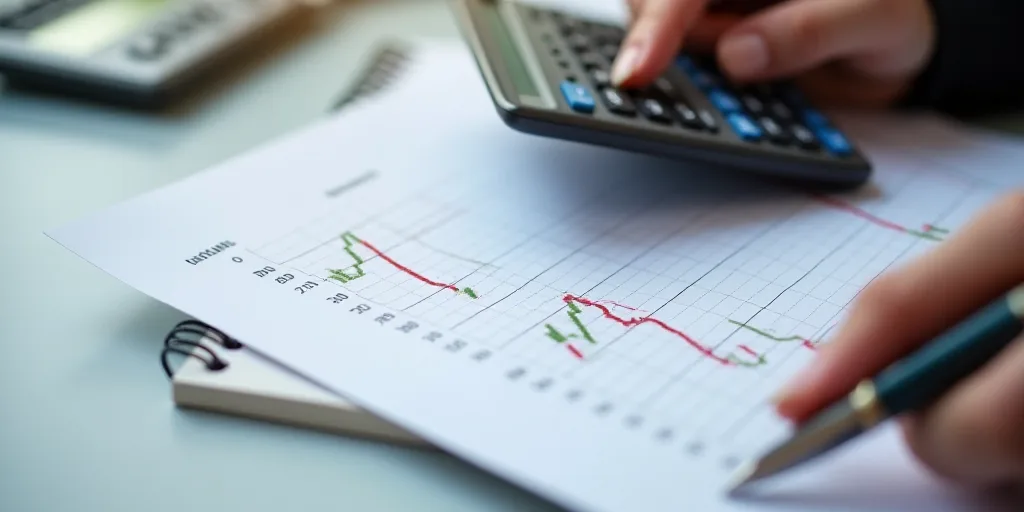 a hand holding a calculator and a pen and paper with a graph on it and a pen and paper with a notepa