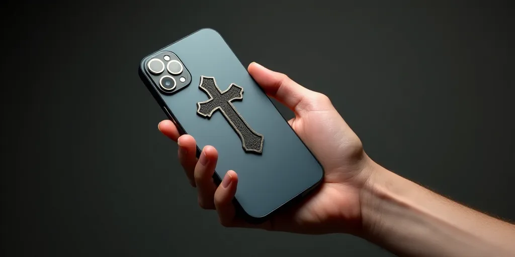 a hand holding a cell phone with a logo on it and a cross on the back of it,, Artur Grottger, 8 k, a