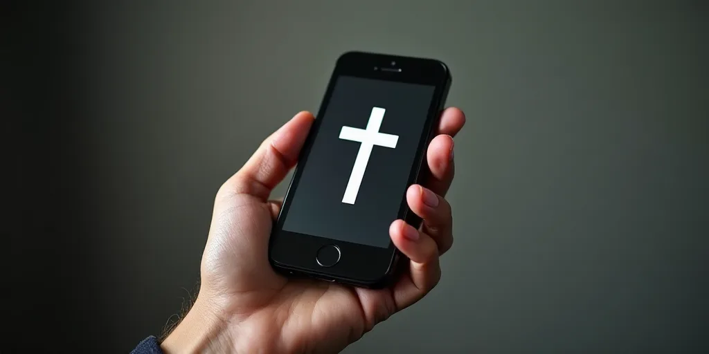 a hand holding a cell phone with a logo on it and a cross on the back of it,, Artur Grottger, 8 k, a