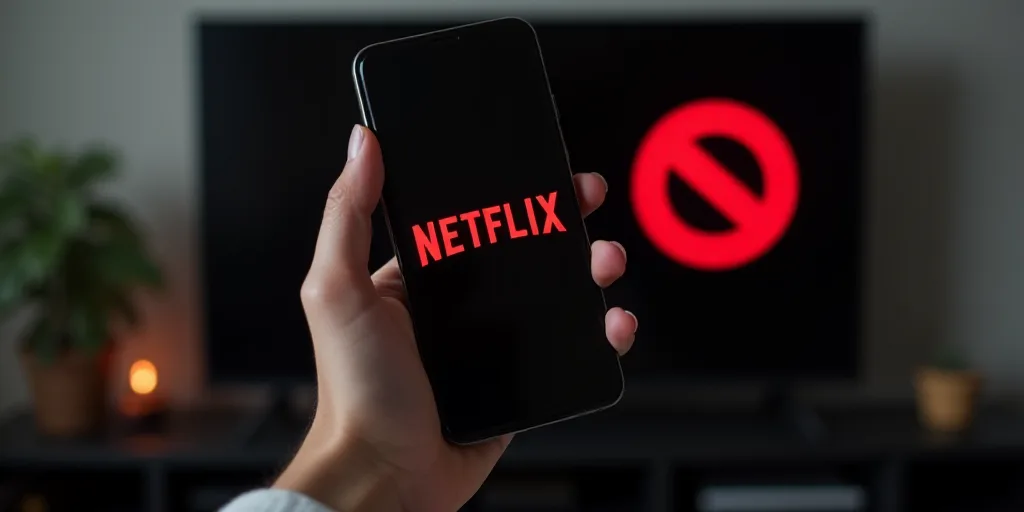 a hand holding a cell phone with a netflix logo on it in front of a television screen with a no sign