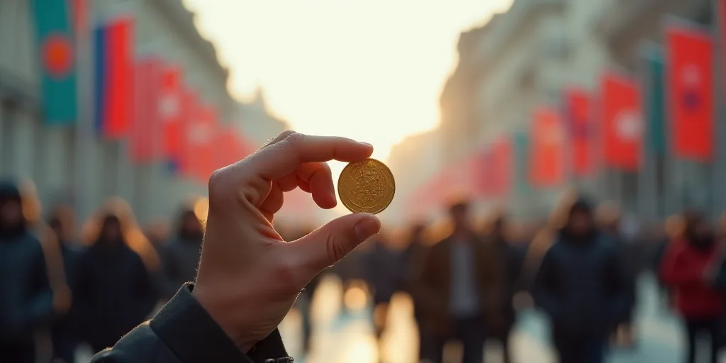 a hand holding a coin in front of a group of people in a city with flags and signs above them, Cefer