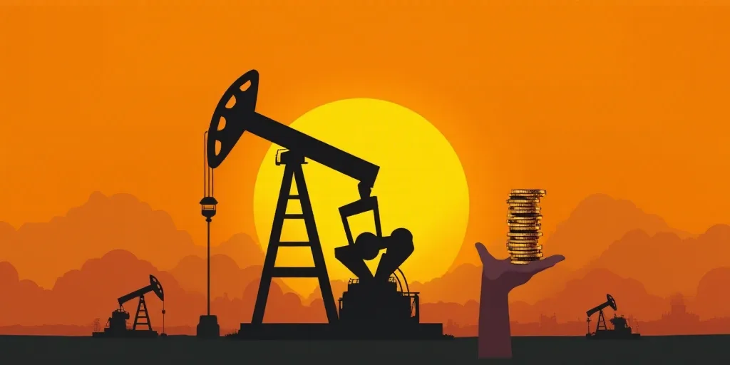 a hand holding a stack of coins over a pile of oil pumps with orange background and a person holding