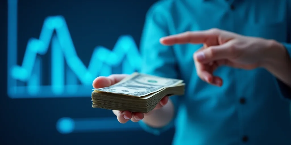 a hand holding a stack of money with a blue background and a graph bar in the background with a hand