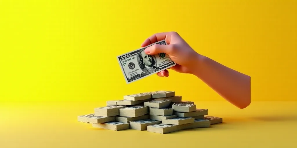 a hand holding a stack of money over a pile of money with a yellow background and a hundred dollar b